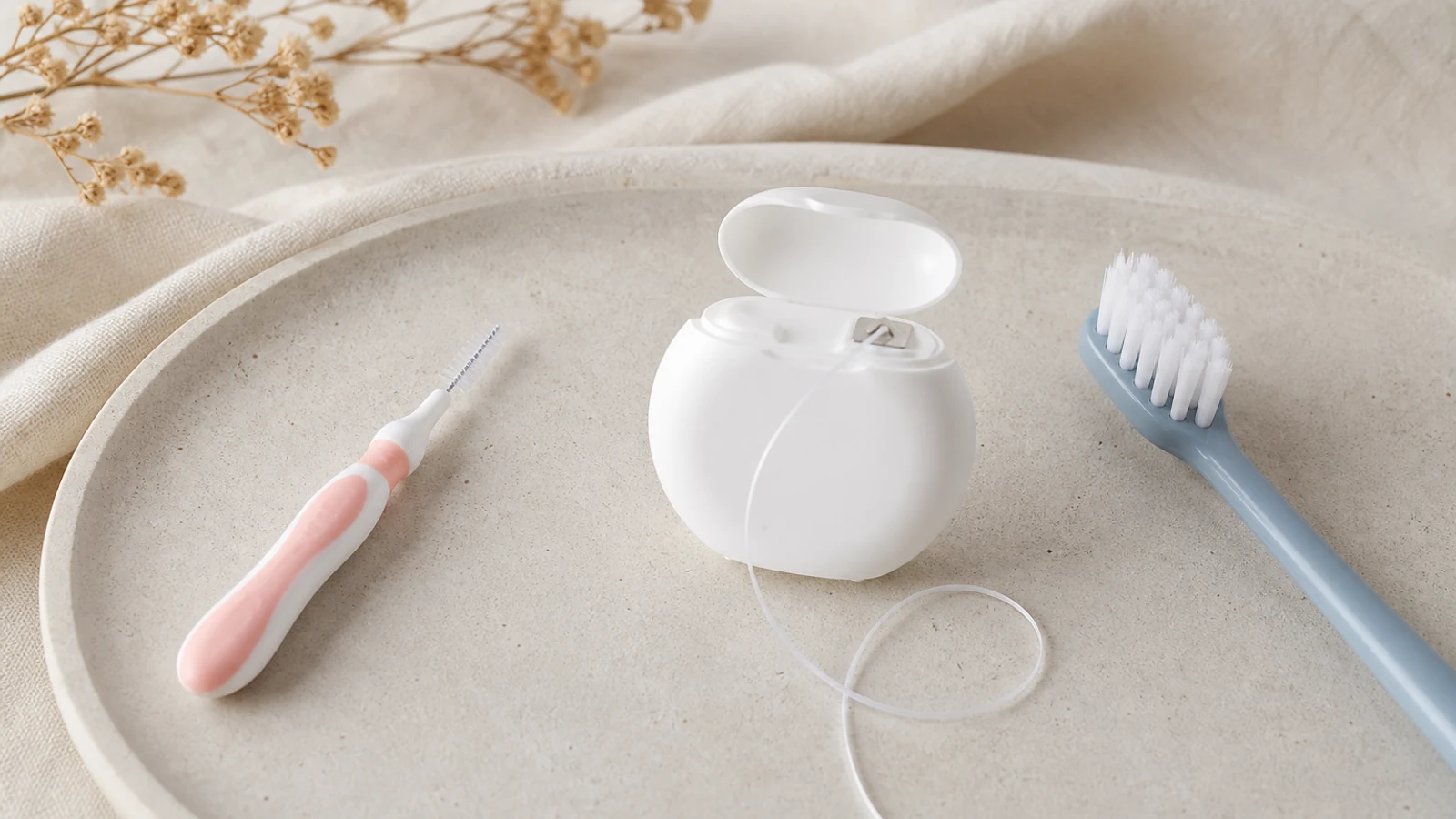 Brosse souple, fil dentaire et brossette interdentaire